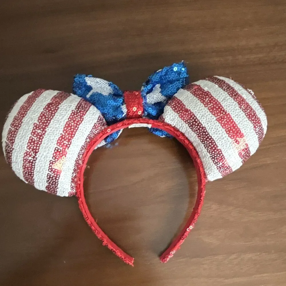 Disney Minnie Mouse USA Sequined Ears Bow Headband Striped Red/White/Blue